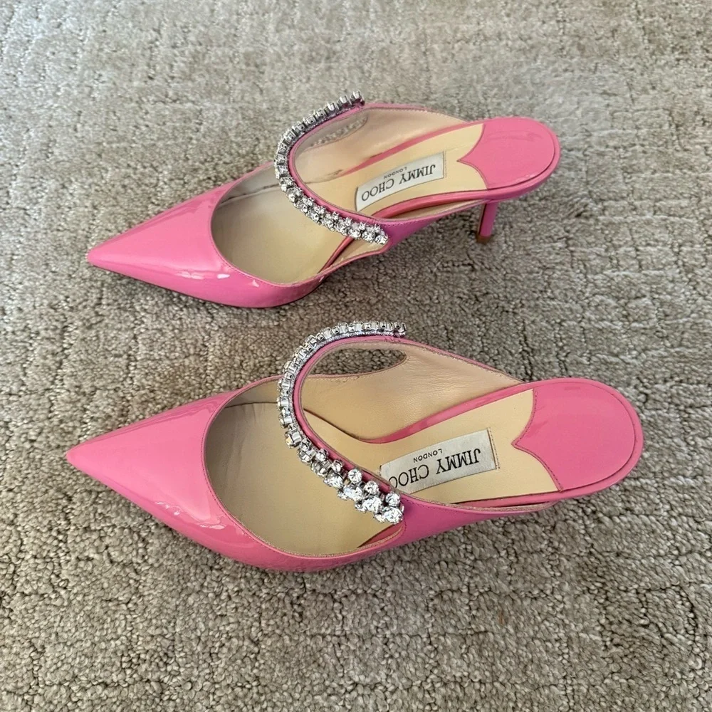 JIMMY CHOO Bing 65mm Patent Crystal Embellished Mules Candy Pink Sz 38 EU - Picture 4 of 12